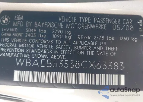 2008 BMW 650I из США, поврежденный, VIN WBAEB53538CX63383